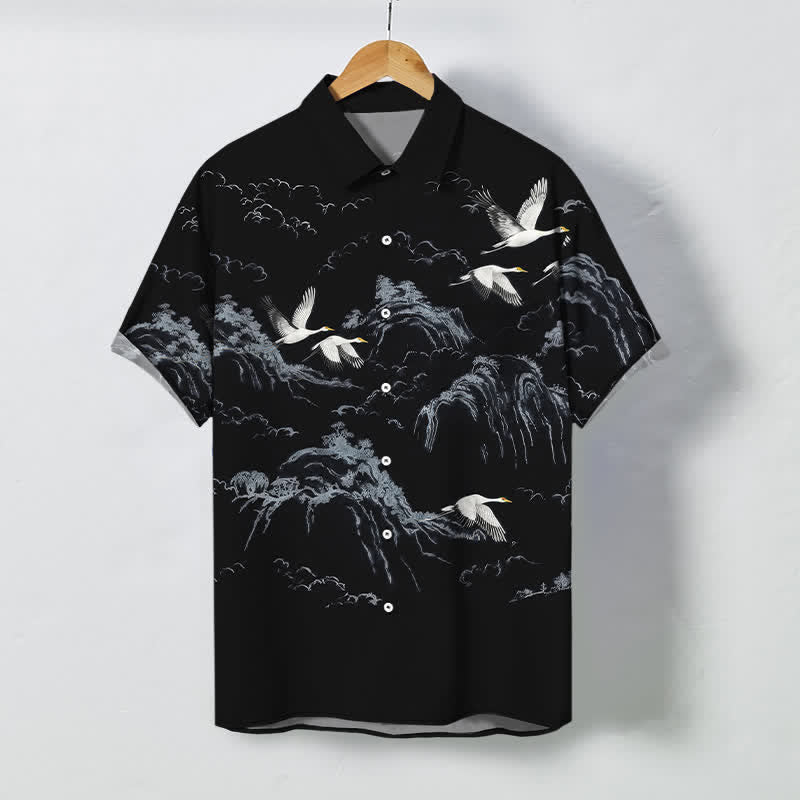 Buddha Stones Camisa transpirable de manga corta para hombre con botones y estampado de nubes y montaña de grullas de tinta - Negro - US/UK/AU48, UE58 (4XL) - image 5