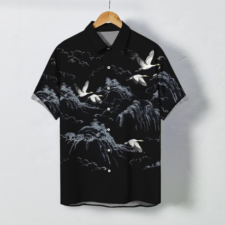 Buddha Stones Camisa transpirable de manga corta para hombre con botones y estampado de nubes y montaña de grullas de tinta - Negro - US/UK/AU48, UE58 (4XL) - image 5