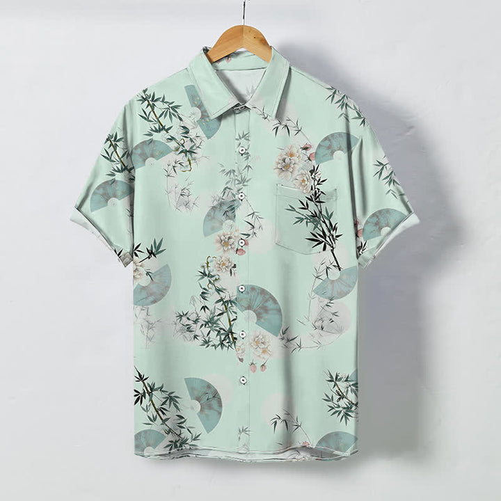 Buddha Stones Camisa de manga corta transpirable para hombre con botones y estampado de flores de bambú de Mint Fan - Gotas de miel - US/UK/AU48, UE58 (4XL) - image 3
