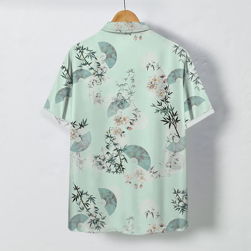 Buddha Stones Camisa de manga corta transpirable para hombre con botones y estampado de flores de bambú de Mint Fan - image 4