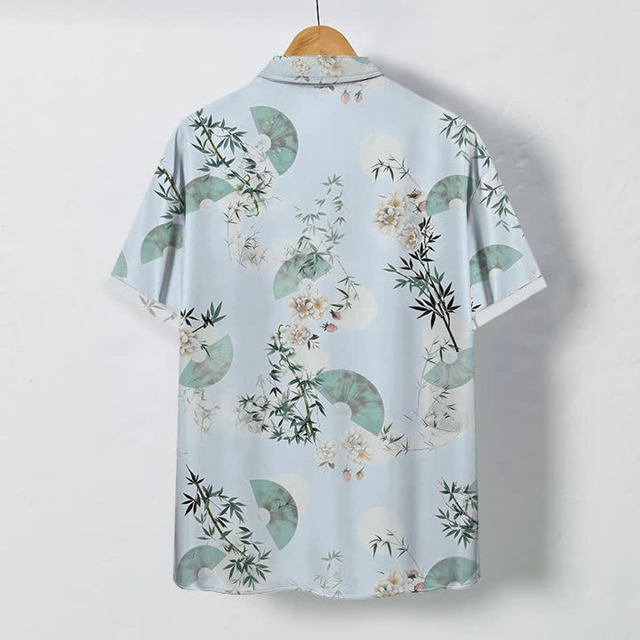 Buddha Stones Camisa de manga corta transpirable para hombre con botones y estampado de flores de bambú de Mint Fan - image 6