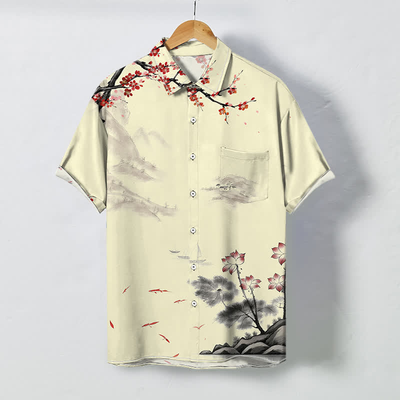 Buddha Stones Camisa transpirable de manga corta para hombre con botones y estampado de paisaje de tinta y flores rojas - Beige - US/UK/AU48, UE58 (4XL) - image 5