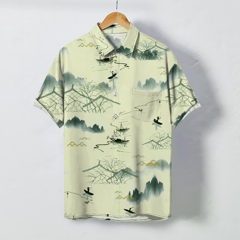 Buddha Stones Camisa transpirable de manga corta para hombre con estampado de paisaje de montaña y barco, botones y diseño de tinta. - Beige - US/UK/AU48, UE58 (4XL) - image 5