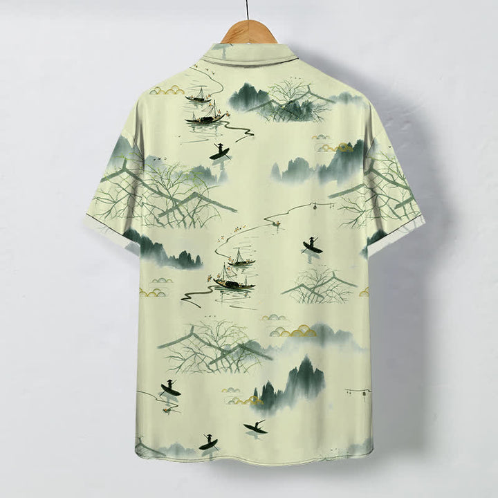Buddha Stones Camisa transpirable de manga corta para hombre con estampado de paisaje de montaña y barco, botones y diseño de tinta. - image 6