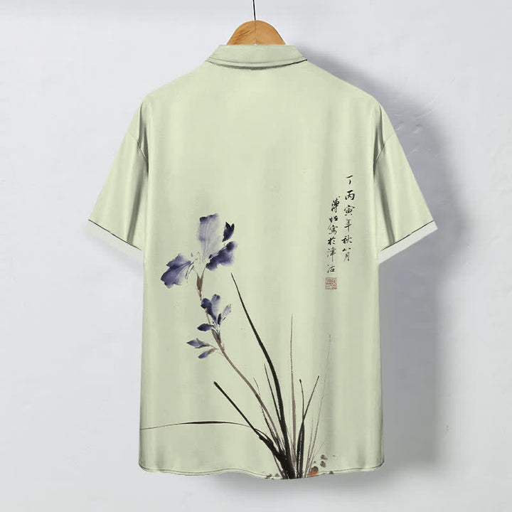 Buddha Stones Camisa transpirable de manga corta para hombre con botones y estampado de sellos con caligrafía floral en tinta - image 6