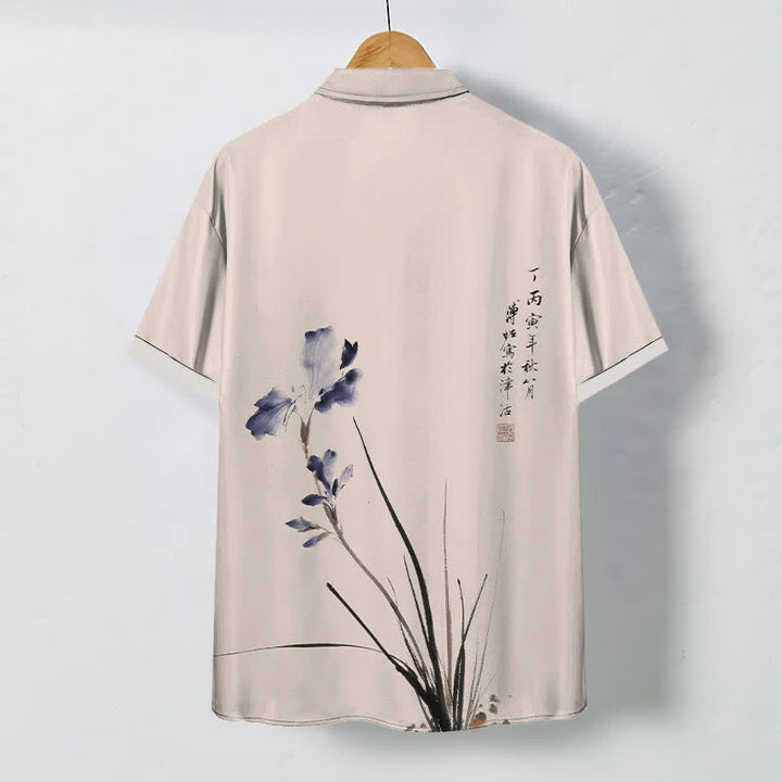 Buddha Stones Camisa transpirable de manga corta para hombre con botones y estampado de sellos con caligrafía floral en tinta - image 8