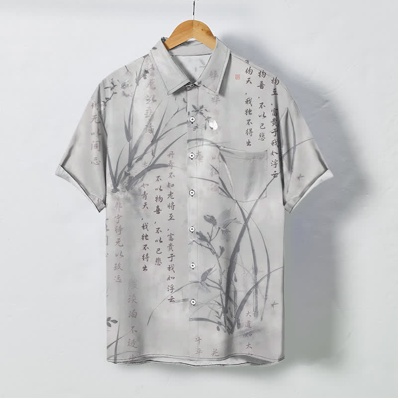 Buddha Stones Camisa transpirable de manga corta para hombre con botones y estampado de caligrafía Ink Bamboo. - Gris claro - US/UK/AU48, UE58 (4XL) - image 5