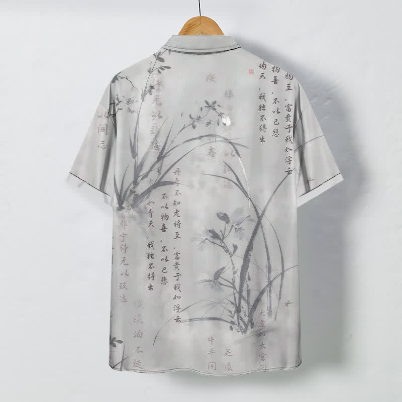 Buddha Stones Camisa transpirable de manga corta para hombre con botones y estampado de caligrafía Ink Bamboo. - image 6