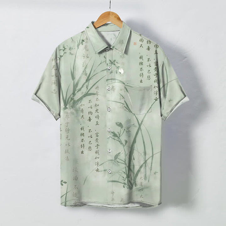 Buddha Stones Camisa transpirable de manga corta para hombre con botones y estampado de caligrafía Ink Bamboo. - Gotas de miel - US/UK/AU48, UE58 (4XL) - image 7