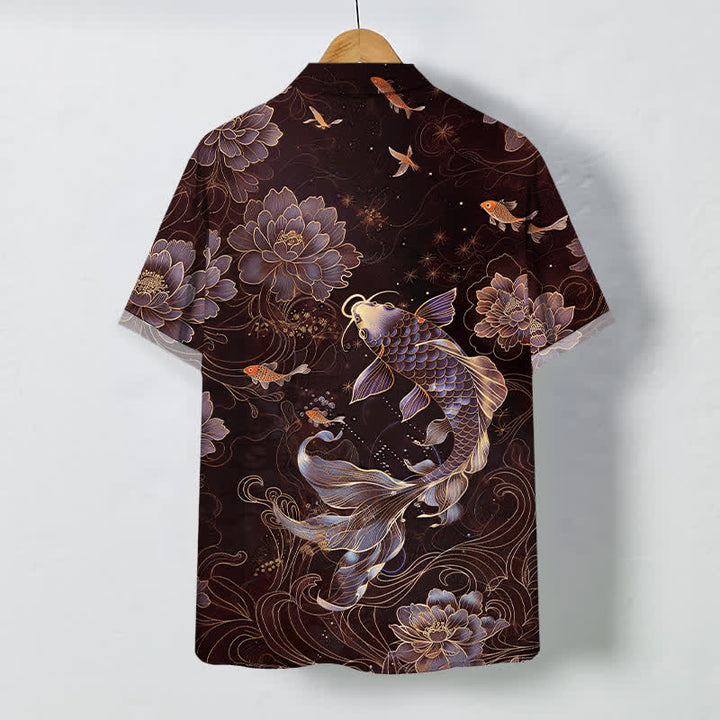 Buddha Stones Camisa transpirable de manga corta para hombre con botones y estampado de loto koi azul - image 8
