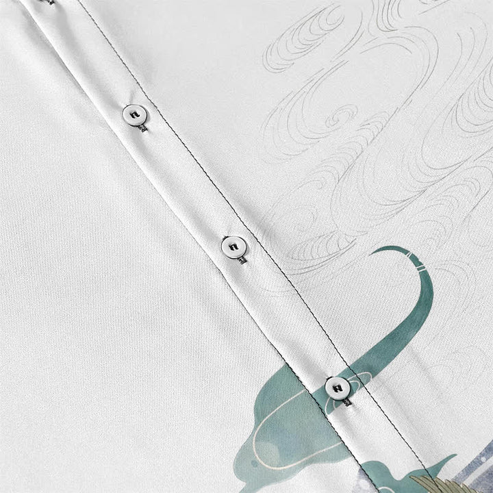 Buddha Stones Camisa transpirable de manga corta para hombre con botones y estampado de nubes y olas de grulla - image 3