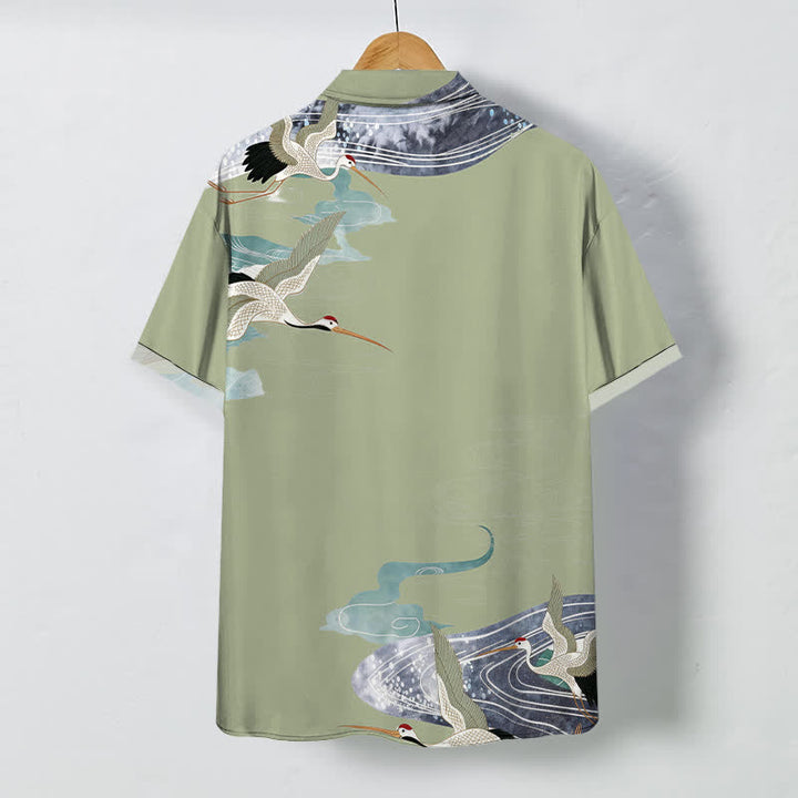 Buddha Stones Camisa transpirable de manga corta para hombre con botones y estampado de nubes y olas de grulla - image 6