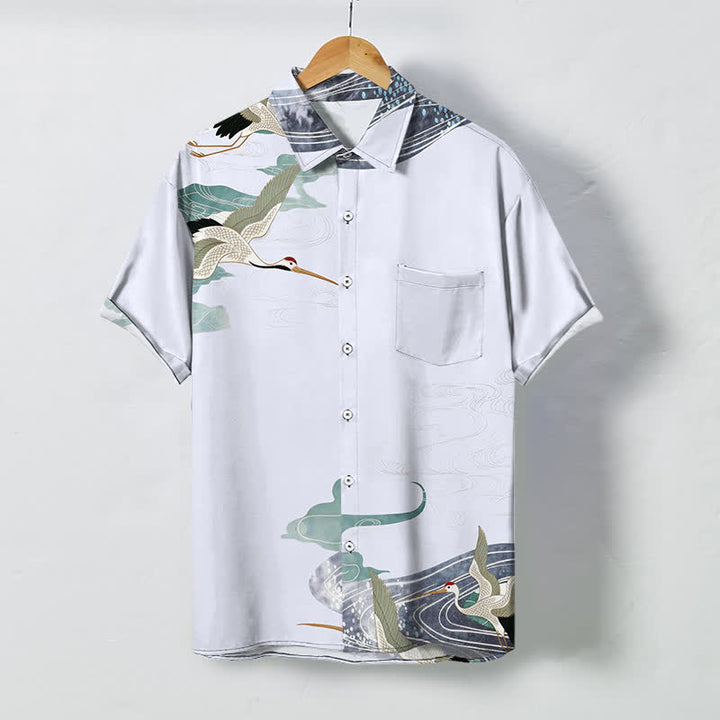 Buddha Stones Camisa transpirable de manga corta para hombre con botones y estampado de nubes y olas de grulla - Azul acero claro - US/UK/AU48, UE58 (4XL) - image 7