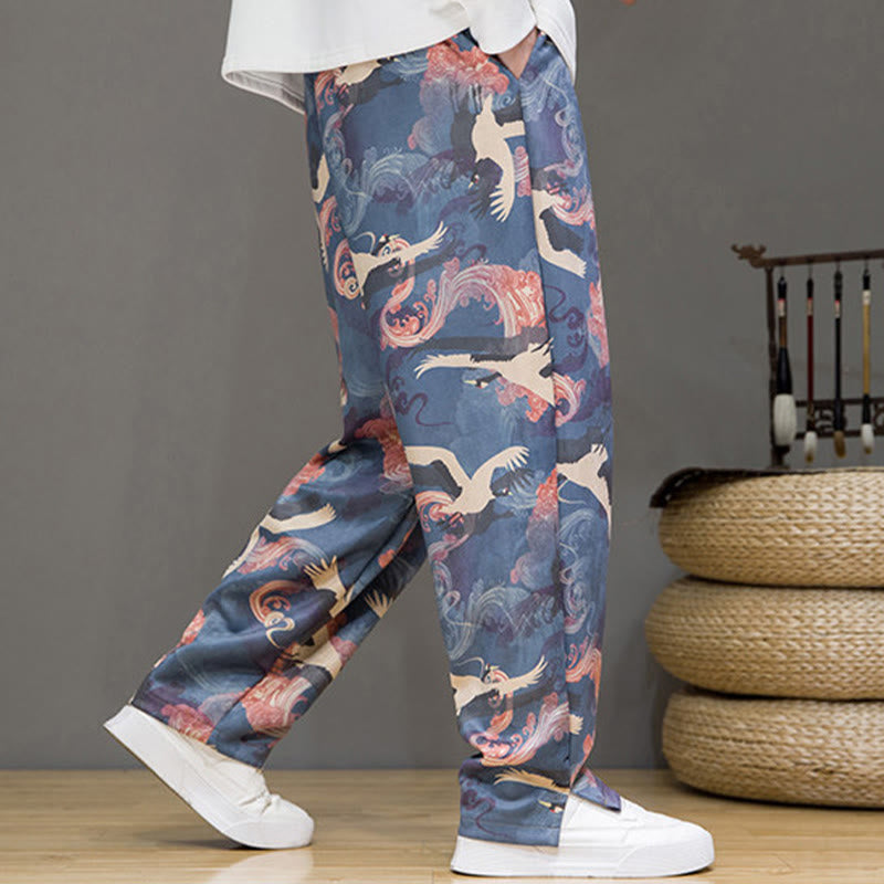 Buddha Stones Pantalones tobilleros casuales de primavera/verano con cordón ajustable y estampado de grullas, estilo harem para hombre con bolsillos. - image 5