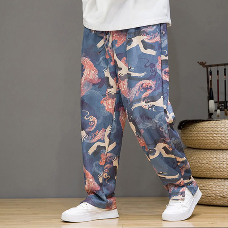 Buddha Stones Pantalones tobilleros casuales de primavera/verano con cordón ajustable y estampado de grullas, estilo harem para hombre con bolsillos. - image 1
