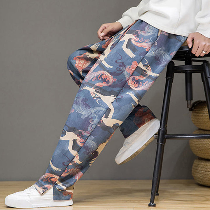 Buddha Stones Pantalones tobilleros casuales de primavera/verano con cordón ajustable y estampado de grullas, estilo harem para hombre con bolsillos. - image 8