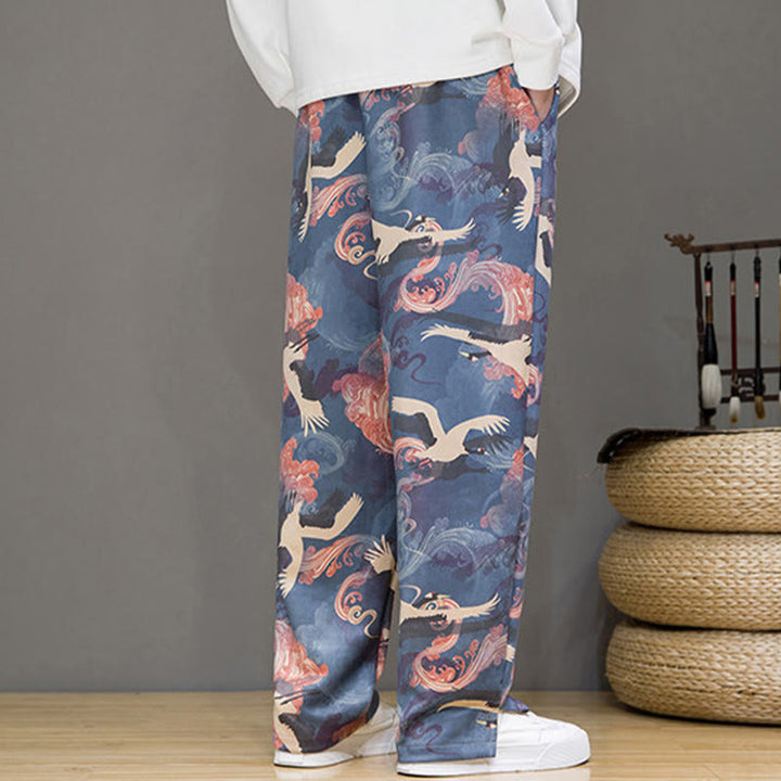 Buddha Stones Pantalones tobilleros casuales de primavera/verano con cordón ajustable y estampado de grullas, estilo harem para hombre con bolsillos. - image 4