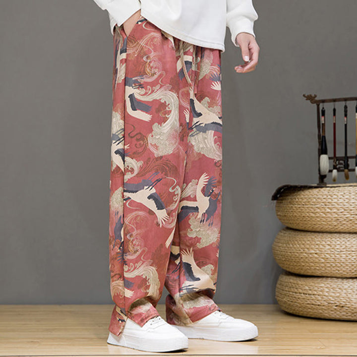 Buddha Stones Pantalones tobilleros casuales de primavera/verano con cordón ajustable y estampado de grullas, estilo harem para hombre con bolsillos. - image 12