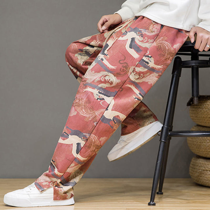 Buddha Stones Pantalones tobilleros casuales de primavera/verano con cordón ajustable y estampado de grullas, estilo harem para hombre con bolsillos. - image 19