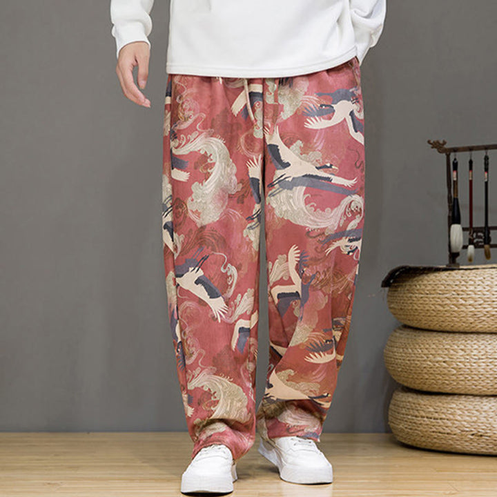 Buddha Stones Pantalones tobilleros casuales de primavera/verano con cordón ajustable y estampado de grullas, estilo harem para hombre con bolsillos. - image 18