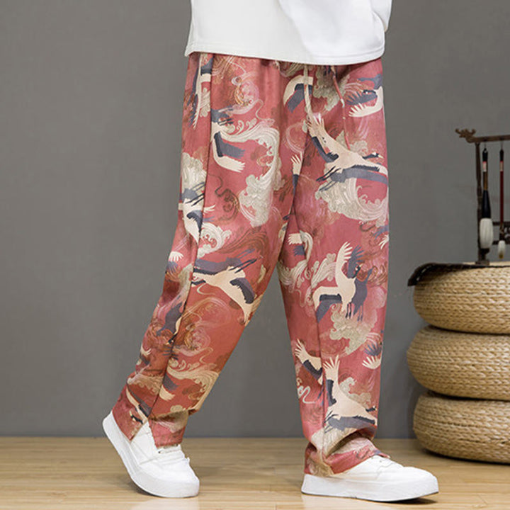 Buddha Stones Pantalones tobilleros casuales de primavera/verano con cordón ajustable y estampado de grullas, estilo harem para hombre con bolsillos. - image 10