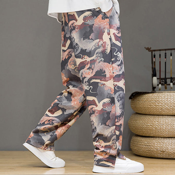 Buddha Stones Pantalones tobilleros casuales de primavera/verano con cordón ajustable y estampado de grullas, estilo harem para hombre con bolsillos. - image 22