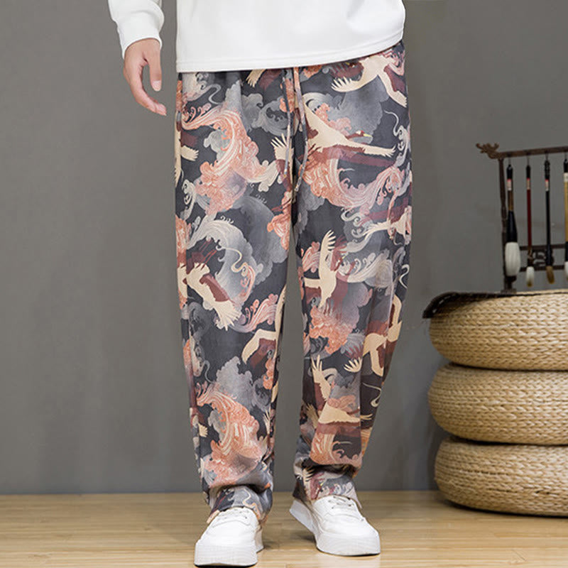 Buddha Stones Pantalones tobilleros casuales de primavera/verano con cordón ajustable y estampado de grullas, estilo harem para hombre con bolsillos. - image 21