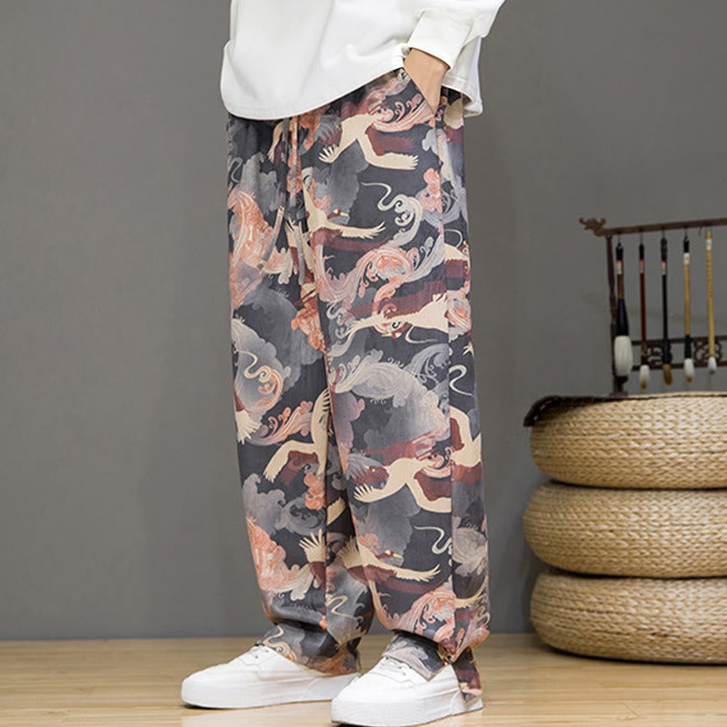 Buddha Stones Pantalones tobilleros casuales de primavera/verano con cordón ajustable y estampado de grullas, estilo harem para hombre con bolsillos. - image 25