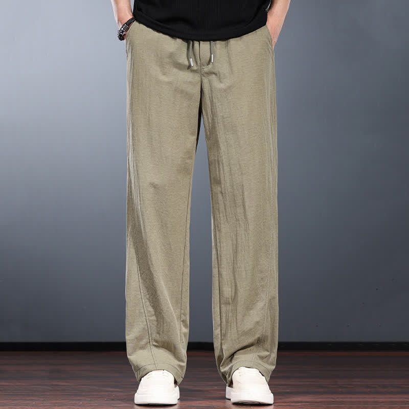 Buddha Stones Pantalones largos de hombre de corte recto con cintura elástica, estilo casual minimalista, con cordón ajustable, ideales para primavera y verano. - Broncearse - US/UK/AU44, EU54 (4XL) - image 0
