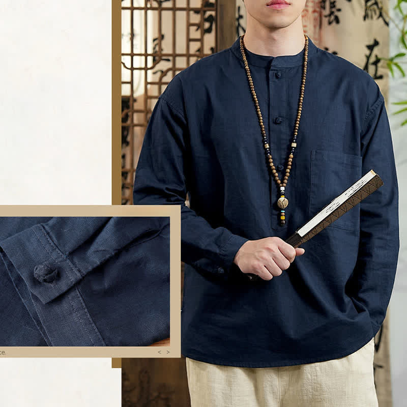 Buddha Stones Camisa de manga larga para hombre de lino y algodón, estilo minimalista, con cuello mandarín y bolsillo de parche, de Spring Tang Style. - image 4