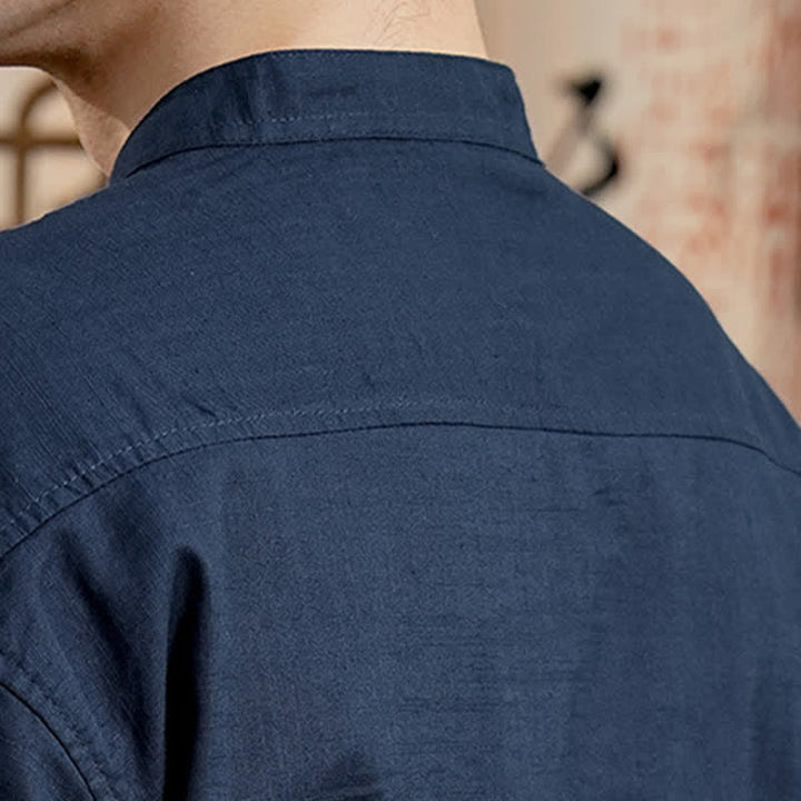 Buddha Stones Camisa de manga larga para hombre de lino y algodón, estilo minimalista, con cuello mandarín y bolsillo de parche, de Spring Tang Style. - image 6