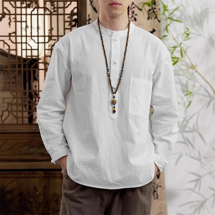 Buddha Stones Camisa de manga larga para hombre de lino y algodón, estilo minimalista, con cuello mandarín y bolsillo de parche, de Spring Tang Style. - Blanco - US/UK/AU46, EU56 (5XL) - image 17