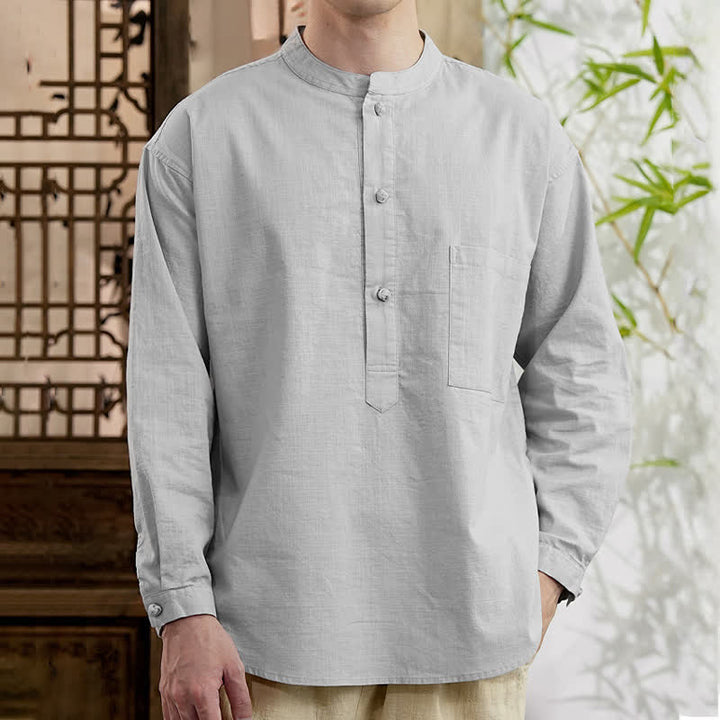 Buddha Stones Camisa de manga larga para hombre de lino y algodón, estilo minimalista, con cuello mandarín y bolsillo de parche, de Spring Tang Style. - Gris claro - US/UK/AU46, EU56 (5XL) - image 14