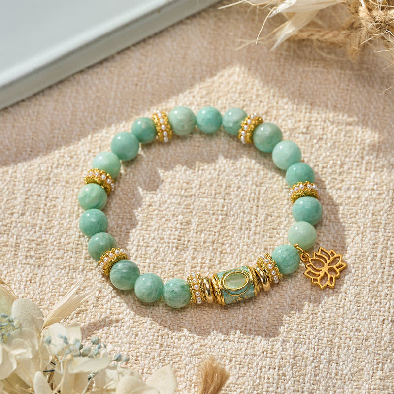 Colgante de loto con cuentas redondas pulidas a mano, con diseño de amazonita y Buddha Stones. - Amazonita (circunferencia de la muñeca: 15–16 cm) - image 0