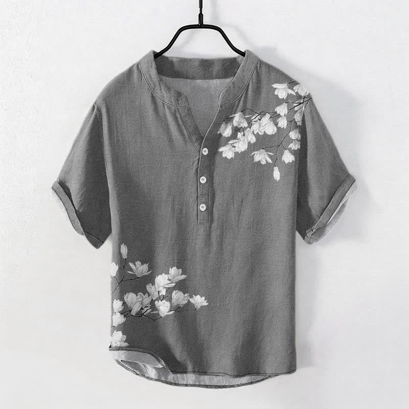 Buddha Stones Camisa de manga corta con medio botón para hombre, color blanco, de algodón, con estampado floral de ramas. - Gris - US/UK/AU50, EU60 (5XL) - image 0