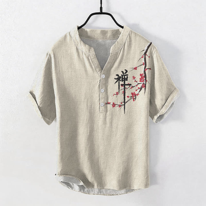 Buddha Stones Camisa de manga corta con medio botón para hombre, con estampado zen de caligrafía de flores de cerezo de algodón. - Beige - US/UK/AU50, EU60 (5XL) - image 0