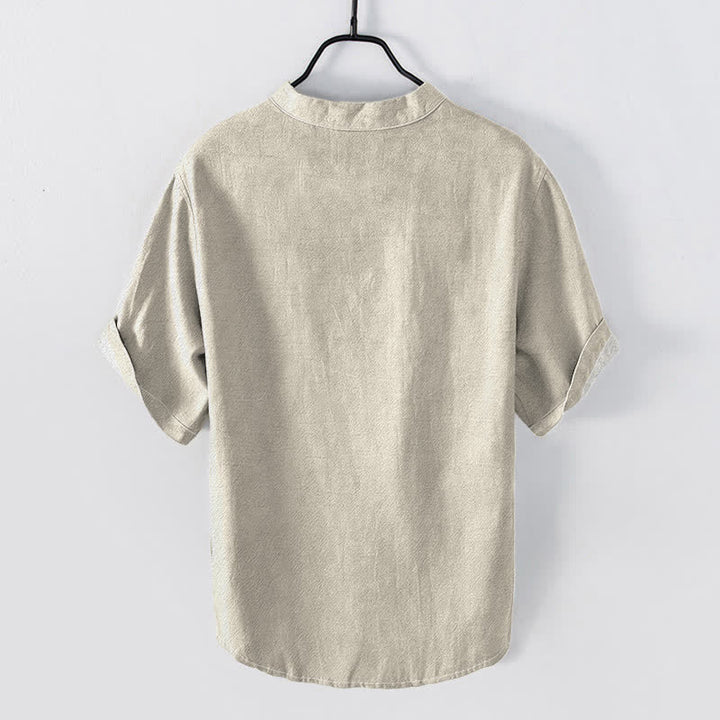 Buddha Stones Camisa de manga corta con medio botón para hombre, con estampado zen de caligrafía de flores de cerezo de algodón. - image 1