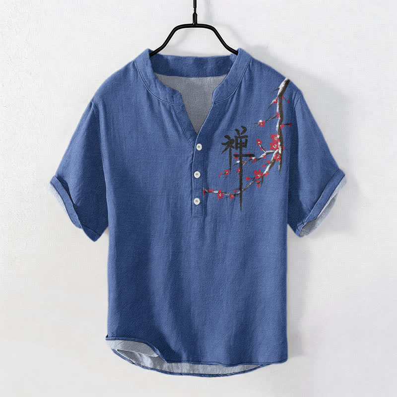 Buddha Stones Camisa de manga corta con medio botón para hombre, con estampado zen de caligrafía de flores de cerezo de algodón. - Azul acero - US/UK/AU50, EU60 (5XL) - image 3