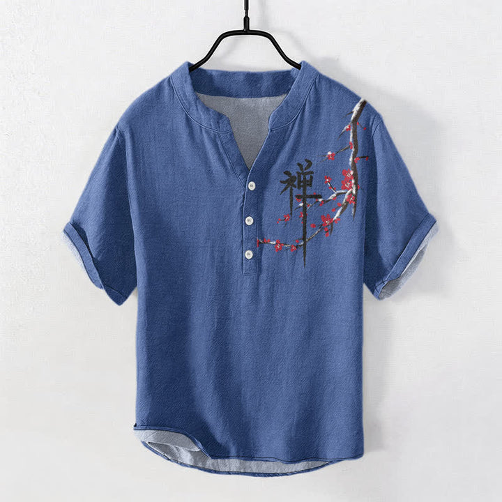 Buddha Stones Camisa de manga corta con medio botón para hombre, con estampado zen de caligrafía de flores de cerezo de algodón. - Azul acero - US/UK/AU50, EU60 (5XL) - image 3