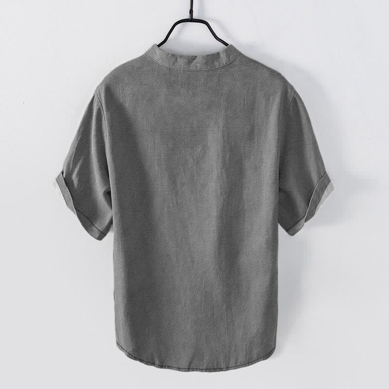 Buddha Stones Camisa de manga corta con medio botón para hombre, con estampado zen de caligrafía de flores de cerezo de algodón. - image 6