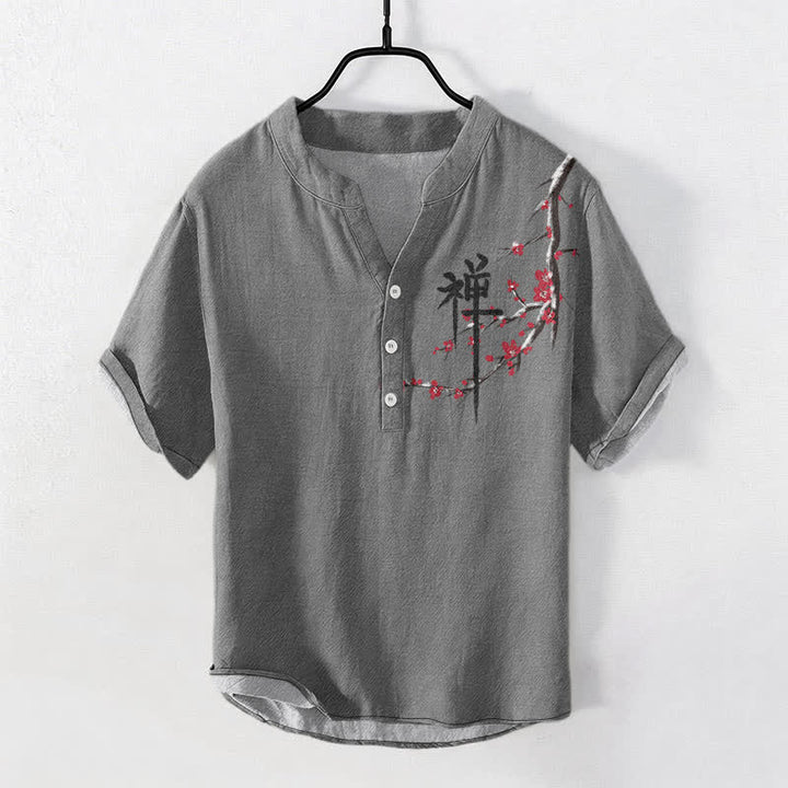 Buddha Stones Camisa de manga corta con medio botón para hombre, con estampado zen de caligrafía de flores de cerezo de algodón. - Gris - US/UK/AU50, EU60 (5XL) - image 5