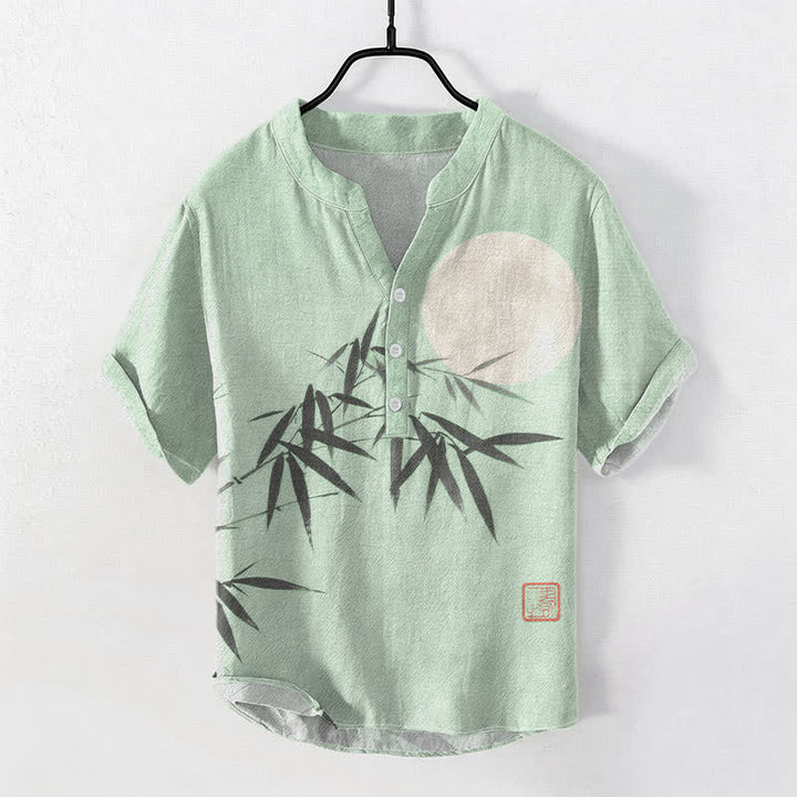 Buddha Stones Camisa de manga corta con medio botón para hombre, de algodón, con estampado de hojas de bambú y luna. - Verde pálido - US/UK/AU50, EU60 (5XL) - image 3