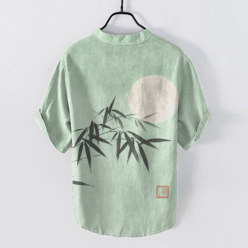 Buddha Stones Camisa de manga corta con medio botón para hombre, de algodón, con estampado de hojas de bambú y luna. - image 4