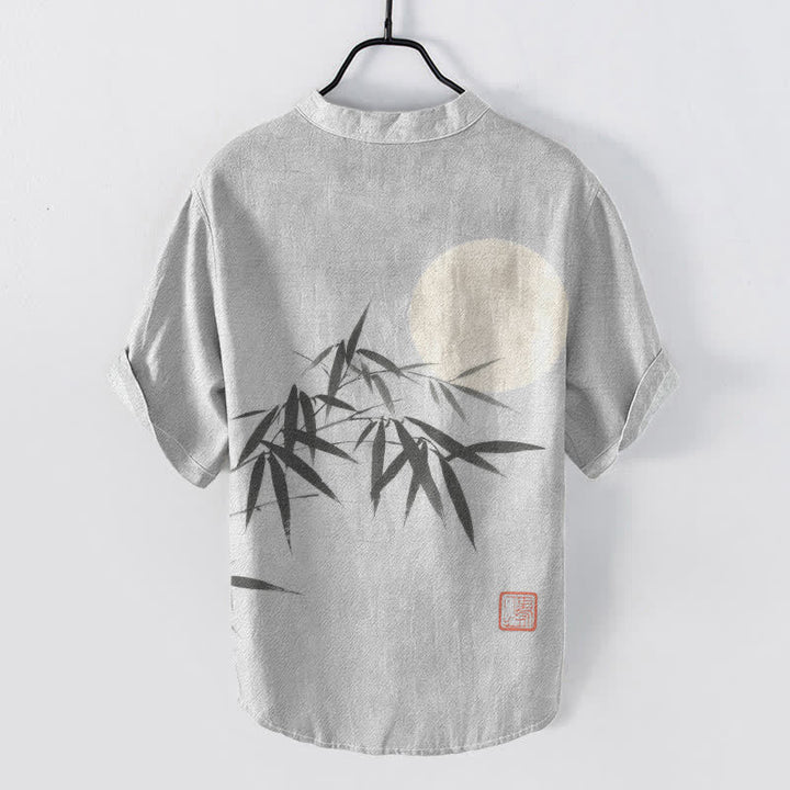 Buddha Stones Camisa de manga corta con medio botón para hombre, de algodón, con estampado de hojas de bambú y luna. - image 6