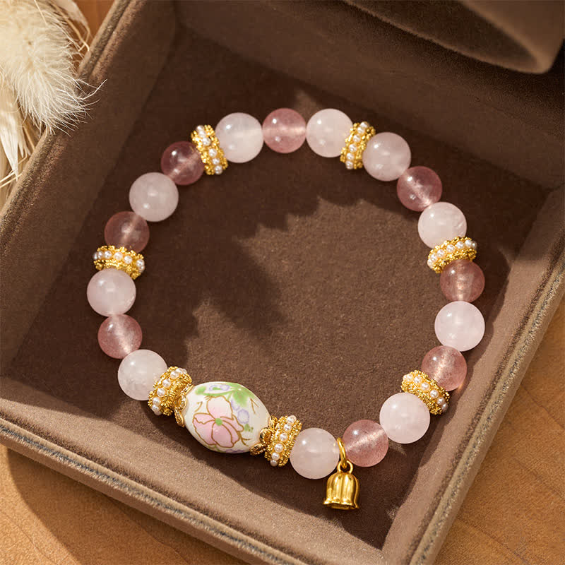 Buddha Stones Colgante de loto con cuentas redondas de cuarzo rosa y cuarzo fresa natural. - image 1
