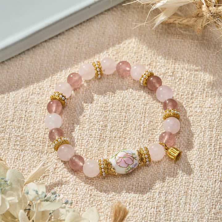 Buddha Stones Colgante de loto con cuentas redondas de cuarzo rosa y cuarzo fresa natural. - image 3