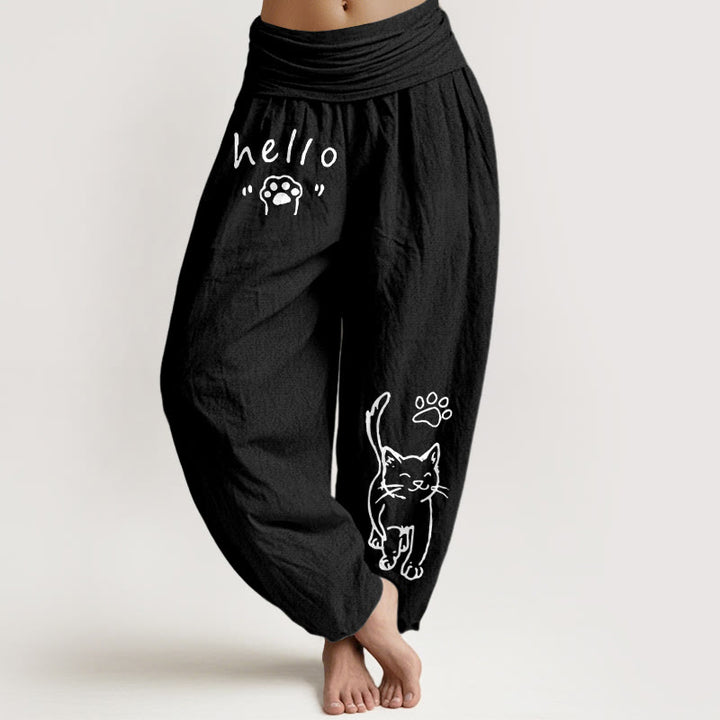 Buddha Stones Pantalones harem de algodón puro con estampado de huellas de gato y cintura elástica para mujer. - Negro - US16，UK/AU20，EU48 (3XL) - image 0