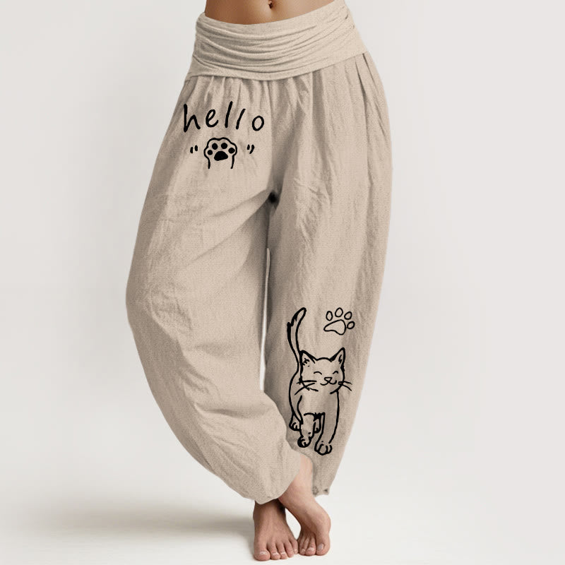 Buddha Stones Pantalones harem de algodón puro con estampado de huellas de gato y cintura elástica para mujer. - Broncearse - US16，UK/AU20，EU48 (3XL) - image 11