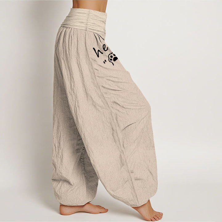 Buddha Stones Pantalones harem de algodón puro con estampado de huellas de gato y cintura elástica para mujer. - image 12