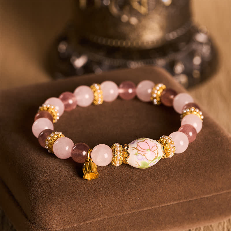 Buddha Stones Colgante de loto con cuentas redondas de cuarzo rosa y cuarzo fresa natural. - image 4